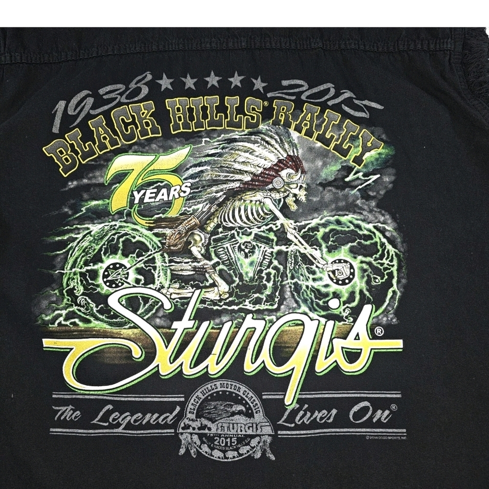 Sturgis 75th Anniversary Sleeveless Frayed Edge Button Up Shirt Large 2015